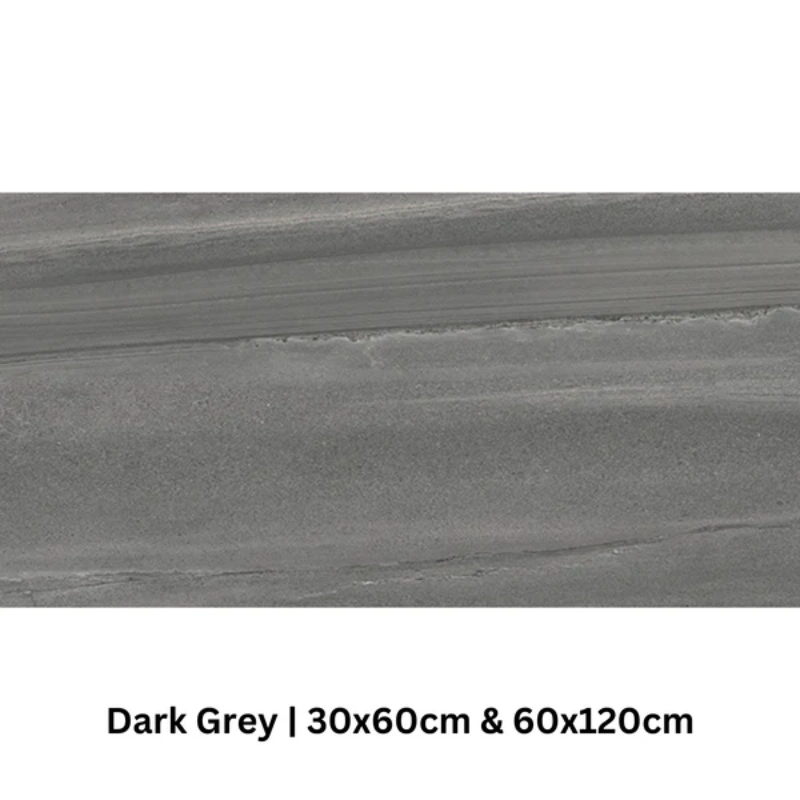 English Stone Dark Grey Wall & Floor Tile 30x60cm and 60x120cm, showing a smooth, deep charcoal stone effect surface with subtle horizontal veining.