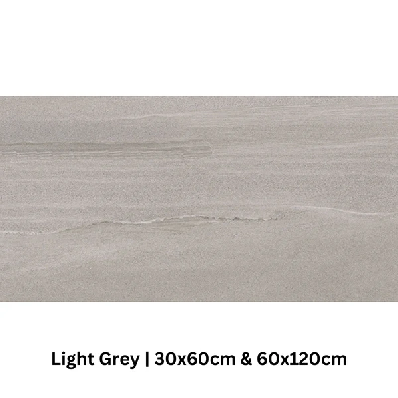 English Stone Light Grey Wall & Floor Tile 30x60cm and 60x120cm, showing a smooth, soft grey stone effect surface with subtle horizontal veining.