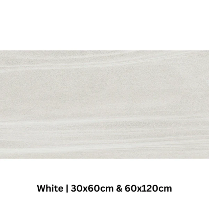 English Stone White Wall & Floor Tile 30x60cm and 60x120cm, showing a smooth, pale grey-white stone effect surface with subtle horizontal veining.