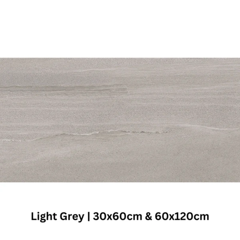 English Stone Light Grey Wall & Floor Tile 60x120cm and 30x60cm, showing a smooth, soft grey stone effect surface with subtle horizontal veining.