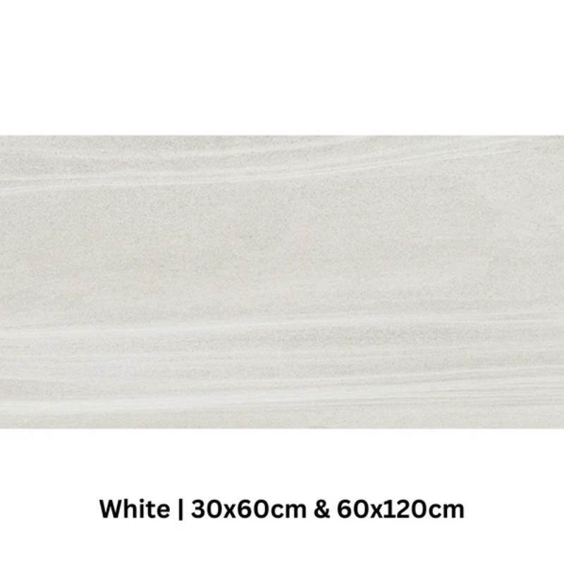 English Stone White Wall & Floor Tile 60x120cm and 30x60cm, showing a smooth, pale grey-white stone effect surface with subtle horizontal veining.