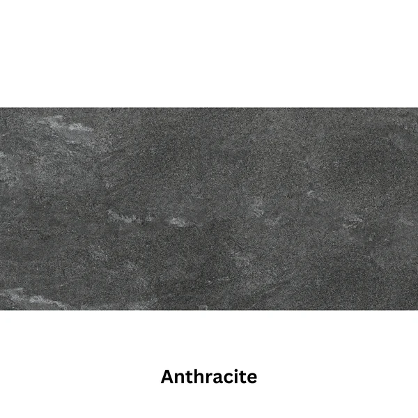 Long rectangular charcoal porcelain tile with a matte, stone-look finish. Etna Wall & Floor Tile, color: Anthracite.