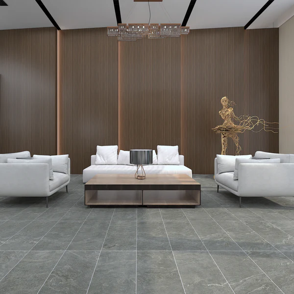 Grey slate look porcelain floor tile in modern luxury lobby with white sofas & wood walls. Flexstone wall & floor tile.