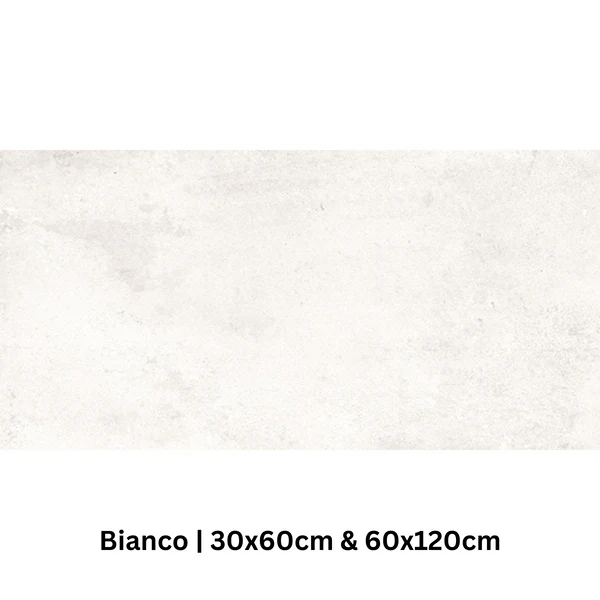 Luxor Bianco (White) porcelain tile with a matt concrete-effect finish, available in 30x60cm and 60x120cm sizes for wall and floor.