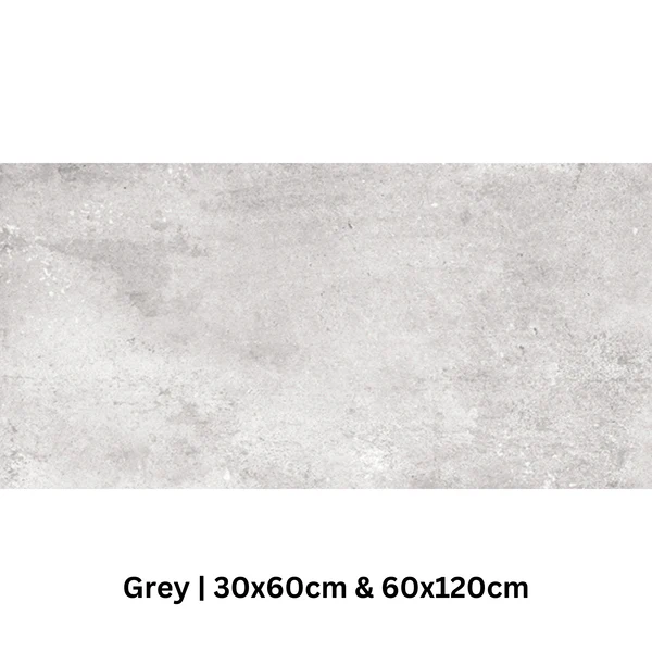 Luxor Grey porcelain tile sample with a matt concrete-effect finish, available in 30x60cm and 60x120cm sizes for wall and floor.