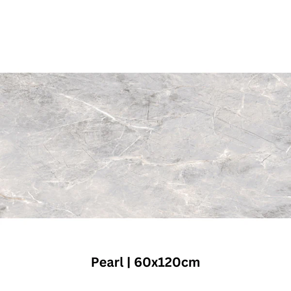 Olympia Pearl 60x120cm large format wall/floor tile sample, light grey marble-look porcelain with white veining for luxury interiors.