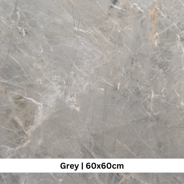 Olympia Grey 60x60cm wall and floor tile sample, dark grey marble-look porcelain with white and rust veining for luxury design.