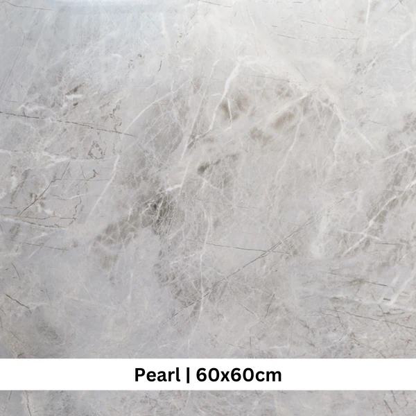 Olympia Pearl 60x60cm wall and floor tile sample, light grey marble-look porcelain with white veining for luxury interiors.
