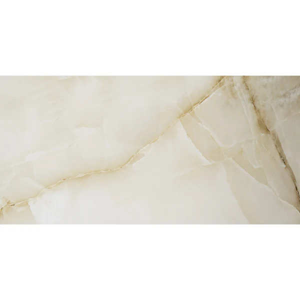 Onyx Oyster gloss wall tile sample with rich cream and subtle gold onyx-look veining, perfect for a luxurious bathroom or kitchen.