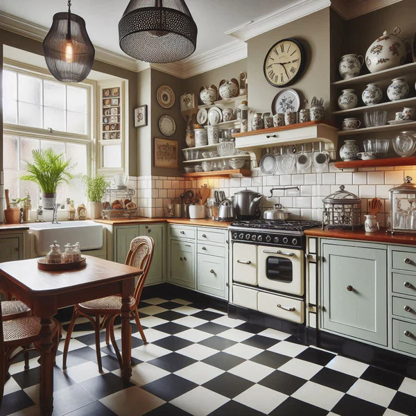 Classic kitchen with black and white checkerboard Ral floor tiles, subway tiled walls, and light green cabinetry.