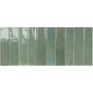Artisan Green Ribbed Wall Tiles 25x60cm close-up, showing a row of glazed, glossy vertical rectangular tiles with varied sage and sea green distressed shading.