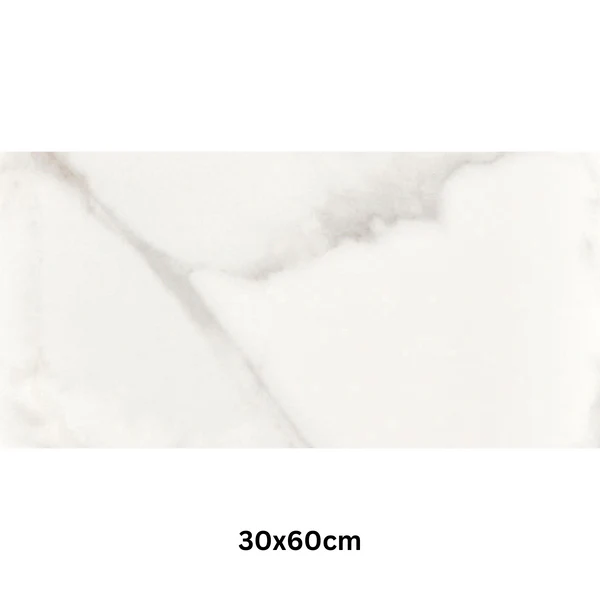 White Steady Marble Sugar Wall Tile with subtle grey veining and a smooth, glossy finish, size 30x60cm, for elegant interiors.