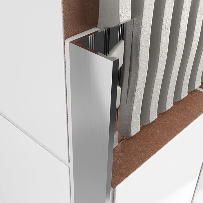 Atrim Brushed Chrome 10mm Square Edge Aluminium Tile Trim, 2.5m, installed on wall corner.