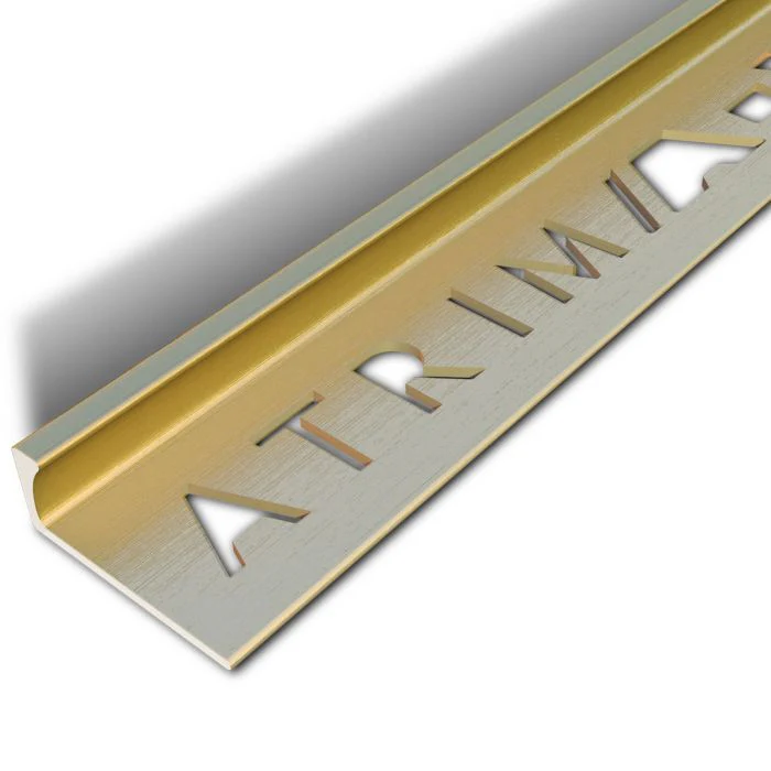 Atrim Brushed Brass 10mm Square Edge Aluminium Tile Trim, 2.5m, visible logo cutout, for decorative edge.