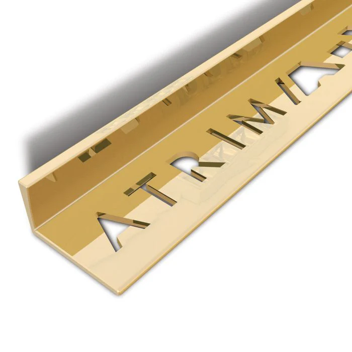Atrim Brushed Brass 12mm Square Edge Aluminium Tile Trim, 2.5m, close-up of the decorative metal profile.