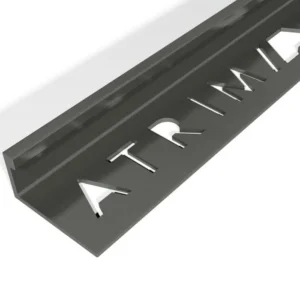 Atrim Polished Black 12mm Square Edge Aluminium Tile Trim, 2.5m, high-gloss black finish for a modern tiled edge.