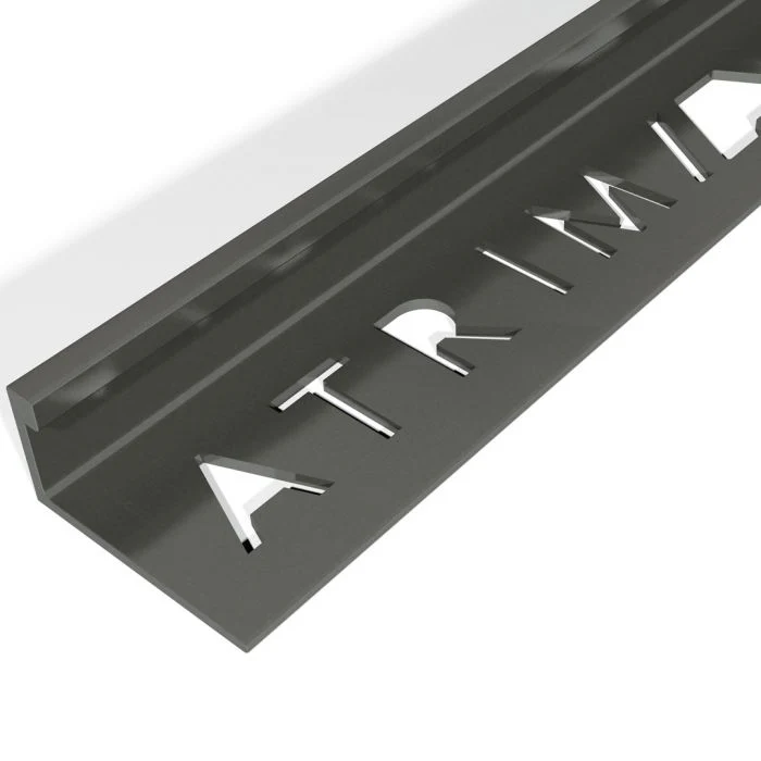 Atrim Polished Black 12mm Square Edge Aluminium Tile Trim, 2.5m, high-gloss black finish for a modern tiled edge.
