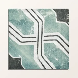 Cuba Porcelain Iberia 20x20cm tile close-up with a distressed teal and white intersecting geometric line pattern on a dark background.
