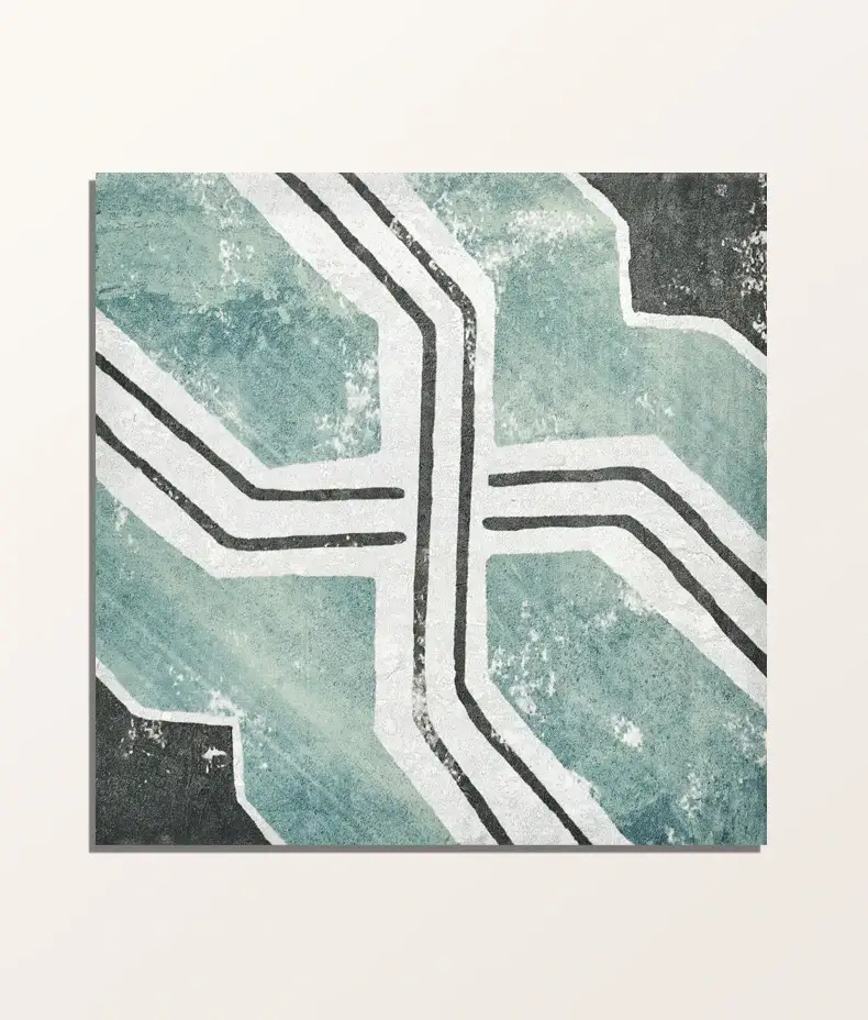 Cuba Porcelain Iberia 20x20cm tile close-up with a distressed teal and white intersecting geometric line pattern on a dark background.