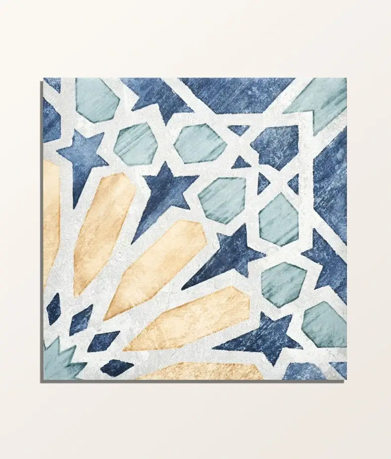 Cuba Porcelain Marla 20x20cm tile close-up with a blue, pale green, and ochre distressed star geometric pattern on a light background.