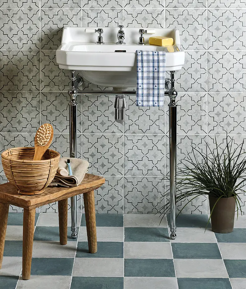 Cuba Porcelain Pearl Grey Field 20x20cm tile covering a wall in a bathroom setting with a vintage sink and tiled floor.