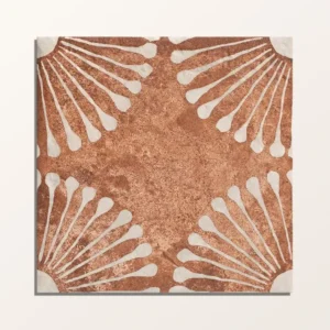 Vedado Cotto 20x20cm porcelain tile with a copper/terracotta finish and a white shell/fan pattern in each corner.