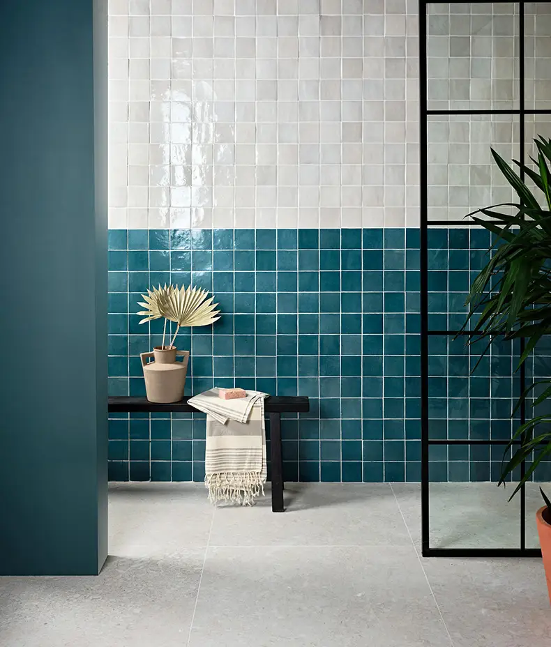 Maroc Porcelain Aquamarine 9.9x9.9cm tile with a distressed, faded blue/green surface and subtle edge variation for a rustic, handmade look.