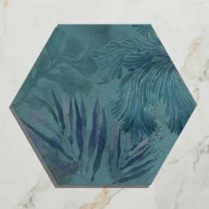 Mermaid's Garden Porcelain 20x23cm hexagonal tiles in a blue/green tropical pattern, covering the floor and shower walls of a modern bathroom.