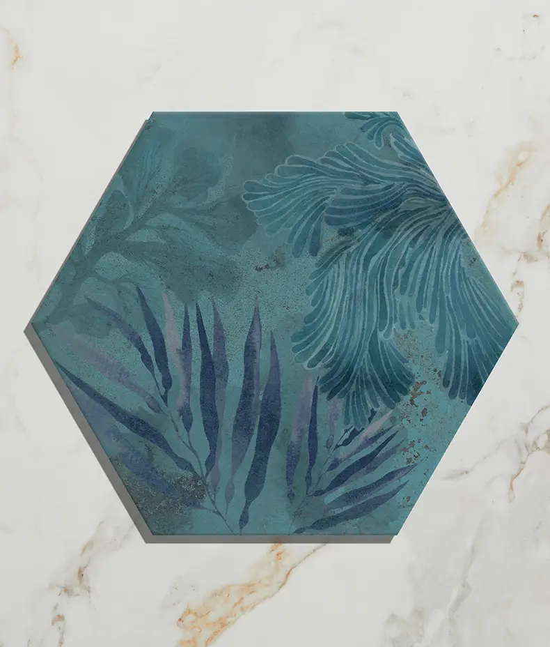 Mermaid's Garden Porcelain 20x23cm hexagonal tiles in a blue/green tropical pattern, covering the floor and shower walls of a modern bathroom.