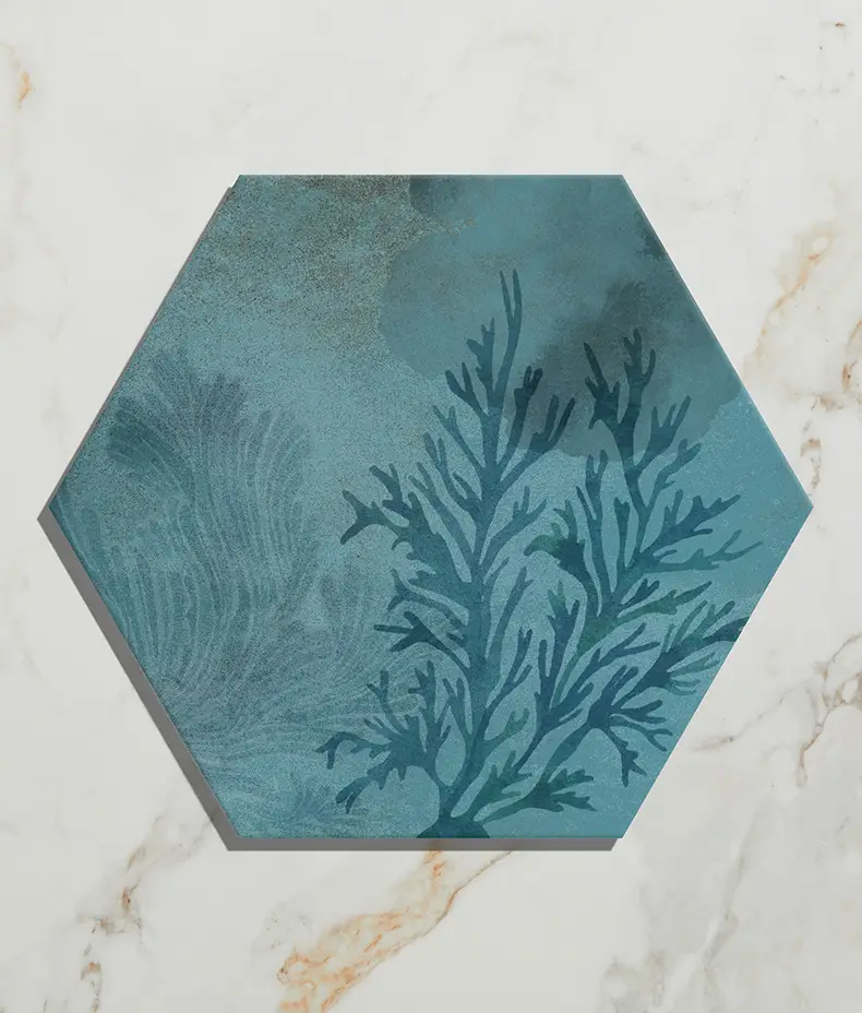 Mermaid's Garden Porcelain 20x23cm hexagonal tiles in a blue/green tropical pattern, covering the floor and shower walls of a modern bathroom.