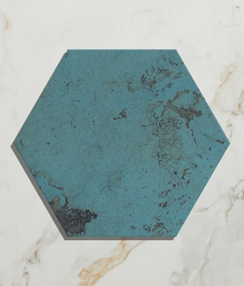 Mermaid's Garden Porcelain 20x23cm hexagonal tiles in a blue/green tropical pattern, covering the floor and shower walls of a modern bathroom .