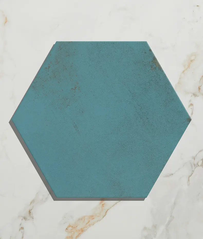 Mermaid's Garden Porcelain 20x23cm hexagonal tiles in a blue/green tropical pattern, covering the floor and shower walls of a modern bathroom.