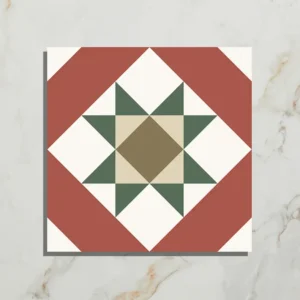 PORTARE Brompton Clarence 20x20cm tile with a red, white, green, and beige geometric star pattern on a white marble background, shown close-up.