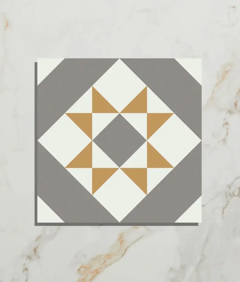 PORTARE Brompton Euston 20x20cm tile with a grey, white, and ochre geometric star pattern on a white marble background, shown close-up.