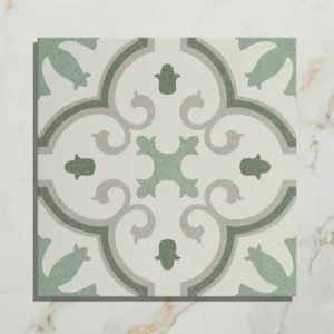 Amina Green 25x25cm Moroccan Impressions Porcelain Tile with a geometric green and white four-point star pattern for floors.