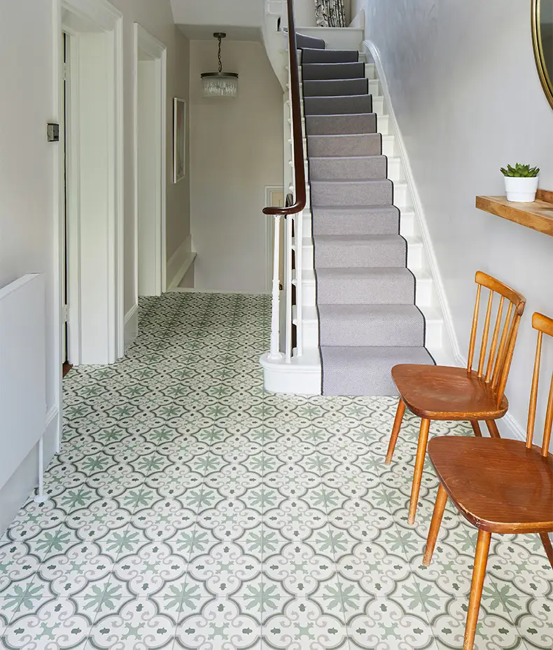 Amina Green Moroccan Impressions 25x25cm tile with a geometric green and white star pattern, ideal for a vibrant kitchen backsplash.