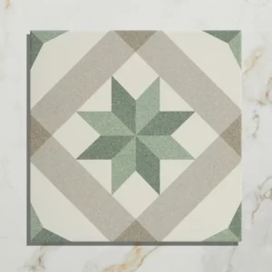 Joya Green 25x25cm Moroccan Impressions Porcelain Tile featuring a repeating geometric star pattern in green and white.