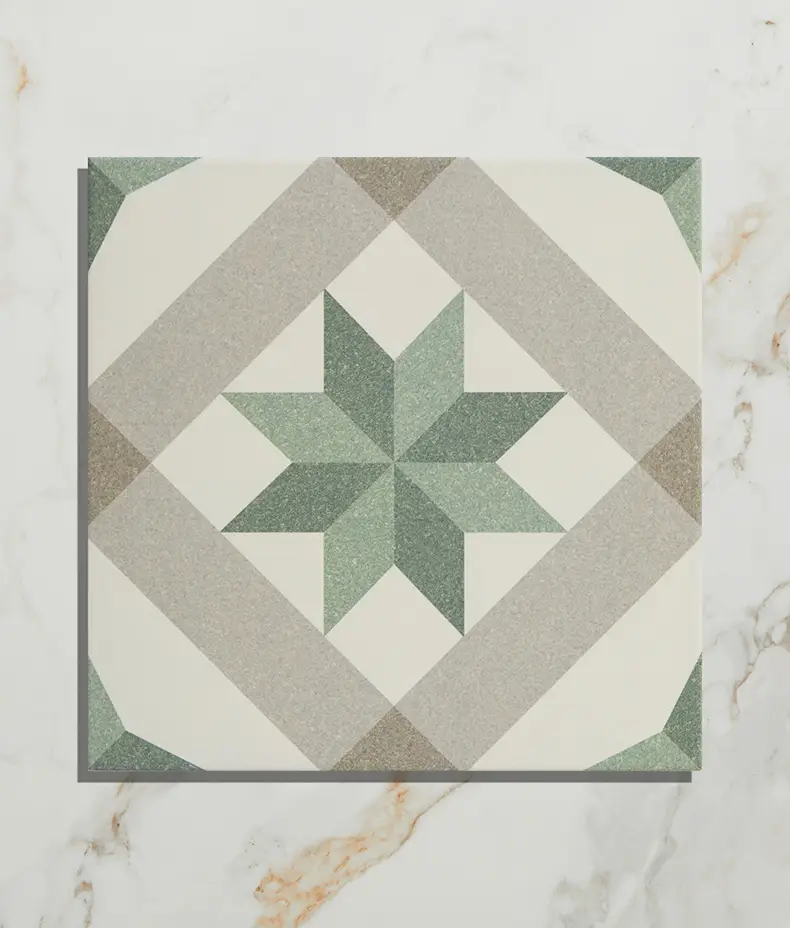 Joya Green 25x25cm Moroccan Impressions Porcelain Tile featuring a repeating geometric star pattern in green and white.