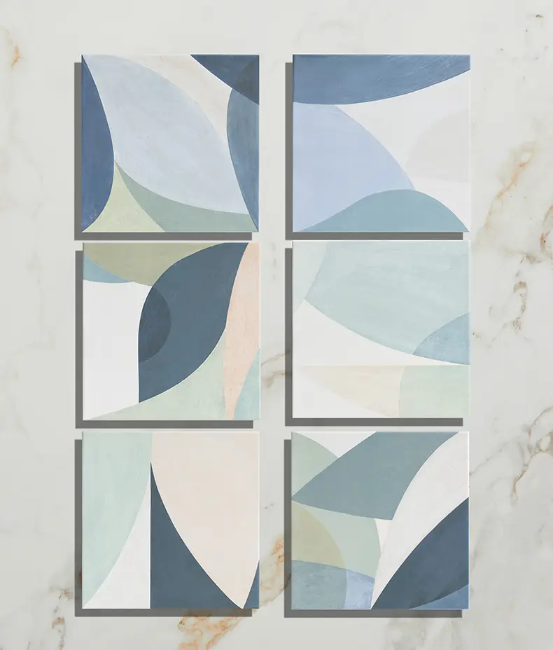 Rio Porcelain 22.5x22.5cm tile with a geometric blue, white, and gray pattern that creates a captivating optical illusion on floors.