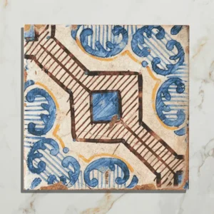 Sardinia Gioia 20x20cm Porcelain Tile with an intricate geometric light brown and gray pattern for a vintage floor or wall design.